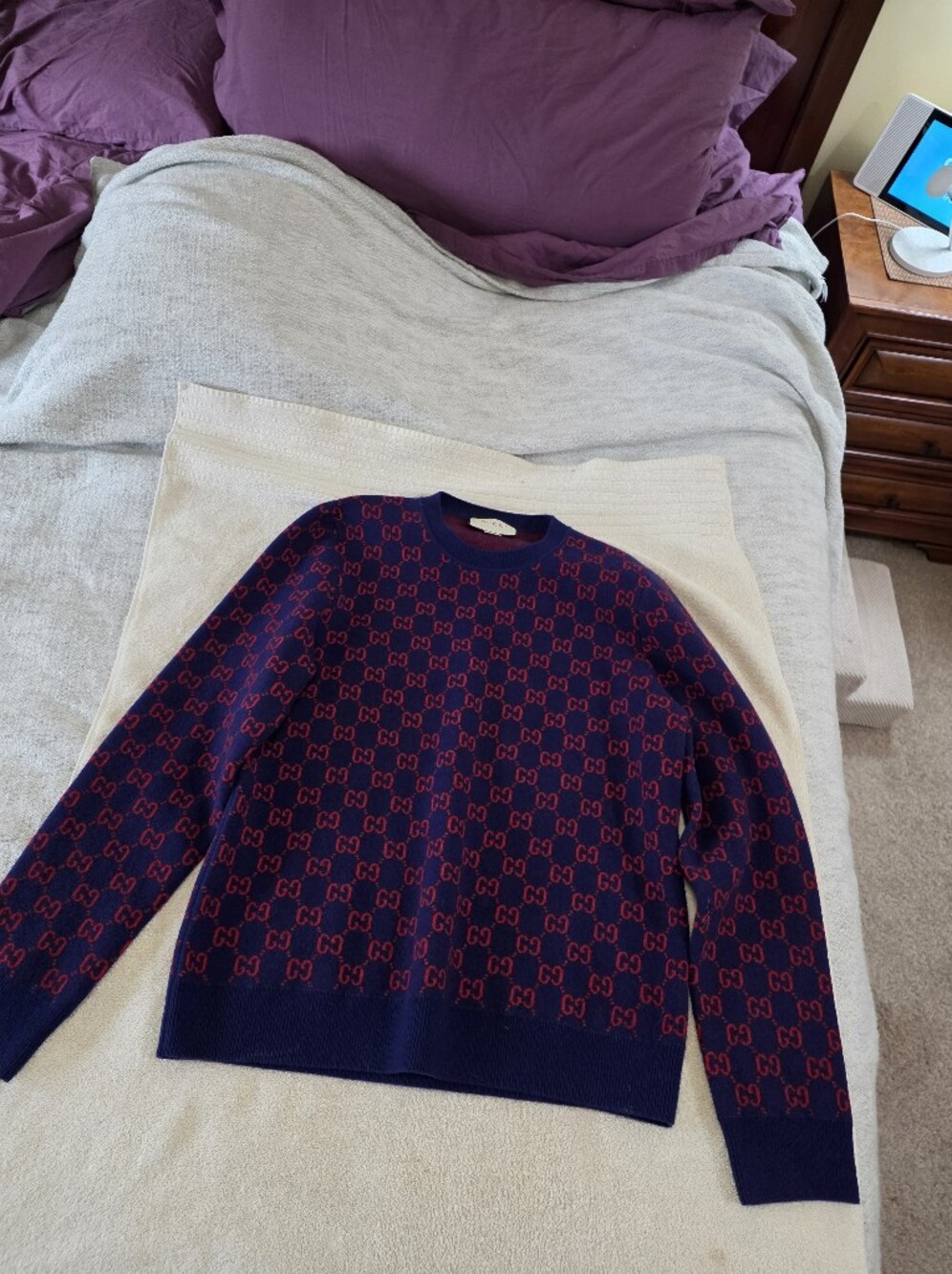 Gucci Navy & Red All-Over GG Crewneck Wool Sweater